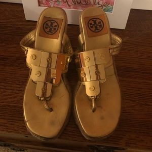 Tory Burch gold wedge espadrille sandals